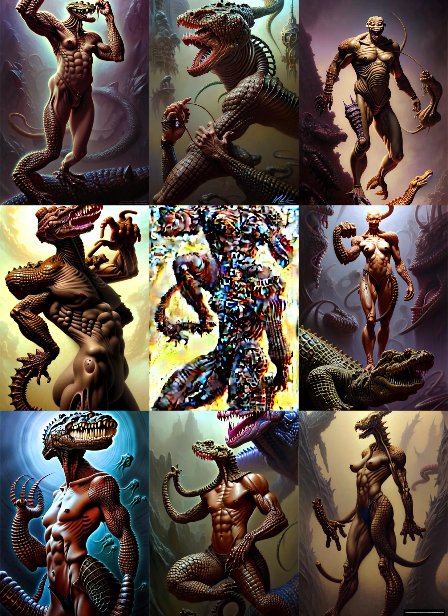 Prompt: muscly human, crocodile artifacts, more humanoid, fantasy character portrait, interesting skin coloring,, ultra realistic, intricate details, the fifth element artifacts, highly detailed by peter mohrbacher, allen williams, hajime sorayama, wayne barlowe, boris vallejo, aaron horkey, gaston bussiere, craig mullins