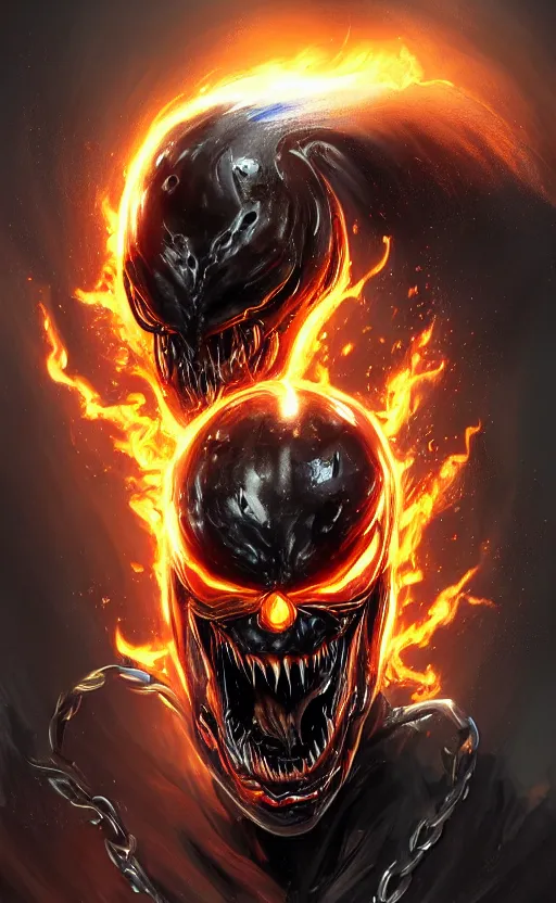 Image similar to venom as ghost rider, dynamic lighting, photorealistic fantasy concept art, trending on art station, stunning visuals, terrifying, creative, cinematic