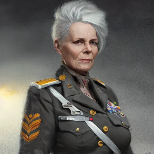 Prompt: portrait of the woman called ss - kerstin. she is 6 0 years old and has strange short spiky gray hair and has an evil look. she is the general of the german army. detailed digital art by greg rutkowski, thomas kinkade and keith parkinson, artstation, cgsociety, 8 k, hd
