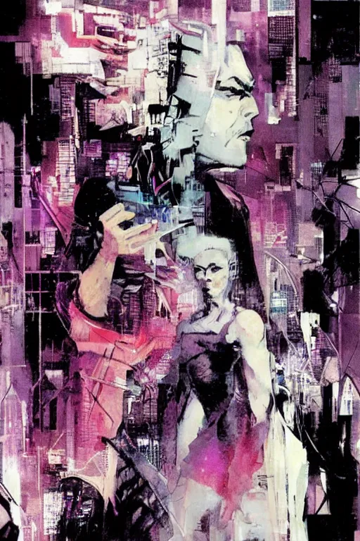 Image similar to cyberpunk dreaming by bobby zeik and bill sienkiewicz and david mack and dave mckean