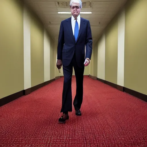 Image similar to Jerome Powell lost in the backrooms, old moist carpet, mono-yellow, fluorescent lights, randomly segmented rooms, eerie