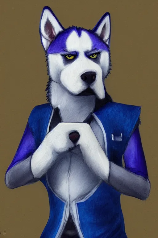 Prompt: a character design of a husky boxer in blue vest, portrait painting, anime, humanoid, anthropomorphic, personify, furry