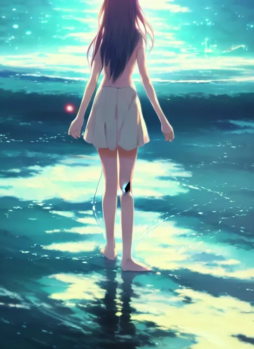 Prompt: anime girl walking on water, ripples, backdrop of dawn, saturn in the background, illustration, concept art, anime, key visual, trending pixiv fanbox by wlop and greg rutkowski and makoto shinkai and studio ghibli