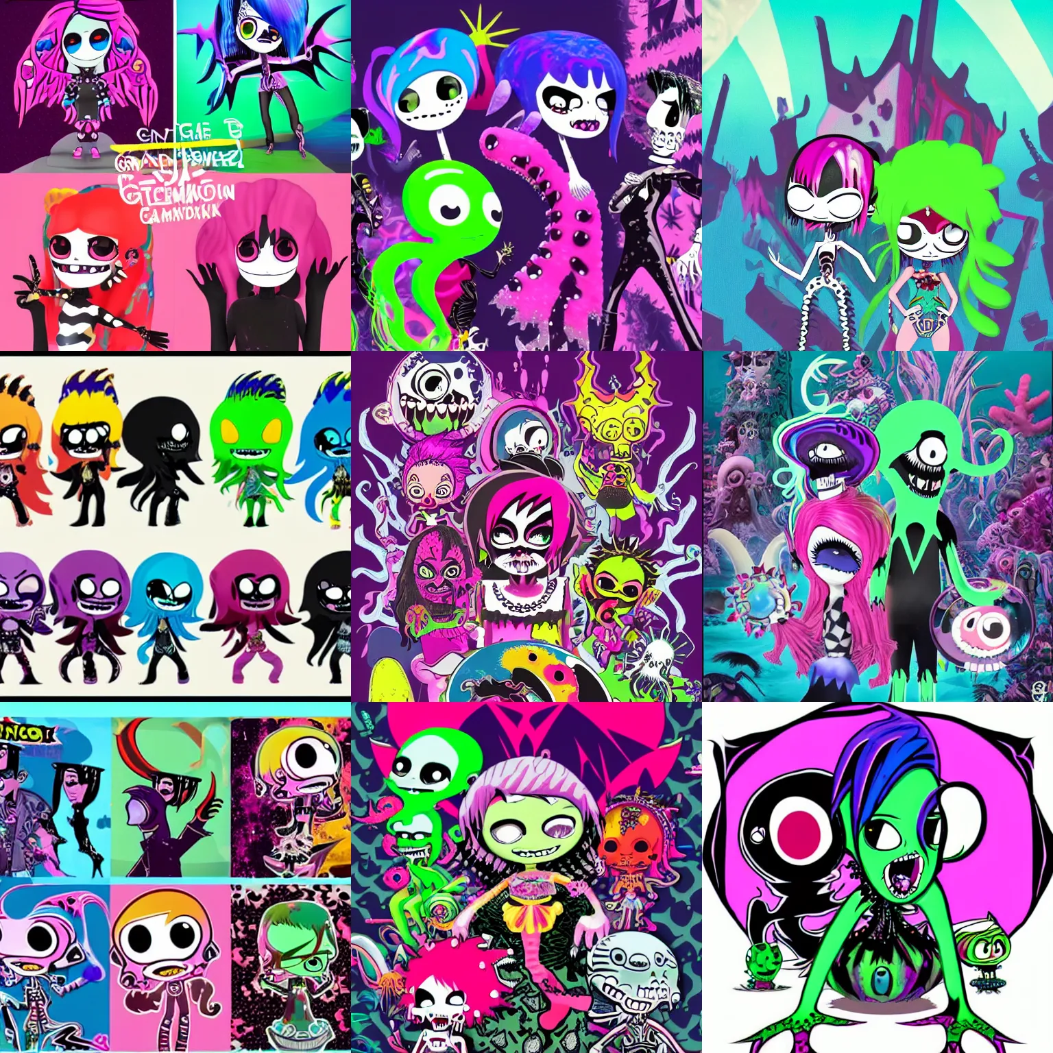 Prompt: CGI lisa frank gothic punk vampiric underwater vampiric squid character designs of various shapes and sizes by genndy tartakovsky and ruby gloom and the creators of fret nice being overseen by Jamie Hewlett from gorillaz for a splatoon game by nintendo