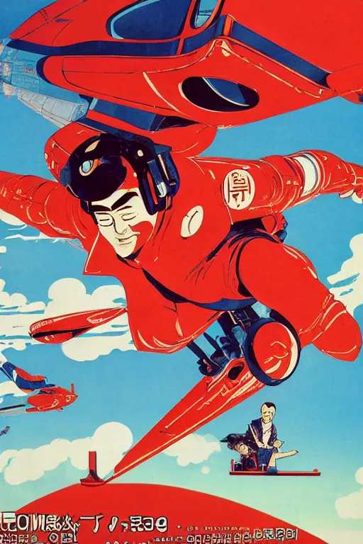 Image similar to a poster of a man riding a plane in the air, poster art by otomo katsuhiro, pixiv, retrofuturism, official art, reimagined by industrial light and magic, poster art