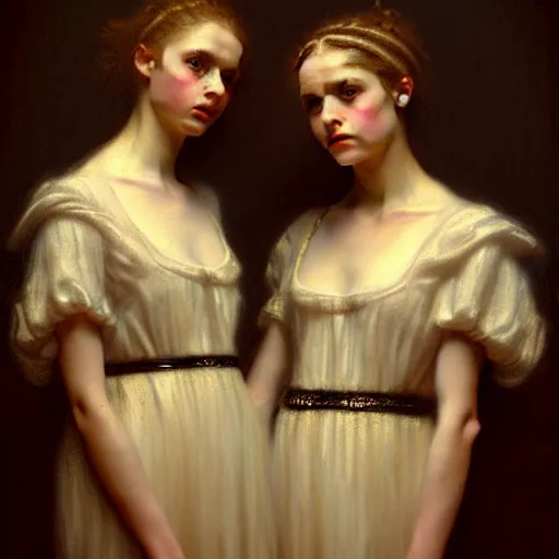 Prompt: a very beautiful full body portrait of sisters by charles amable lenoir, queen of bones, white braids, decaying face, dress made of bones, jewellery, highly detailed, sharp focus, award winning art, soft lighting, trending on art station