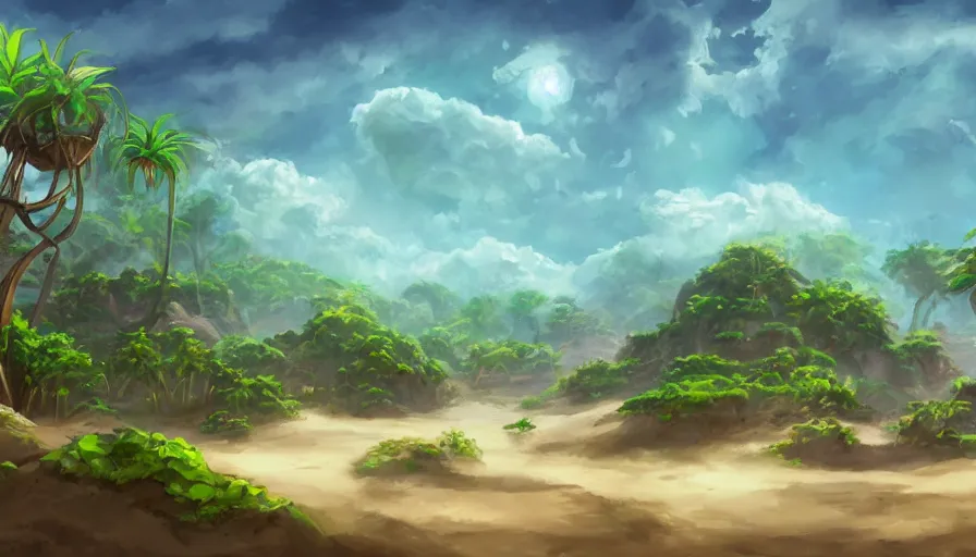 Prompt: beautiful stunning slightly cloudly sky with various differently colored floating islands made of dirt and sand and stone with many varied rainforest forest desert plants and few little animals, landscape, fantasy, concept art, unreal engine, painted in photoshop, krita, clip studio paint, procreate, mypaint, digital art, trending on artstation