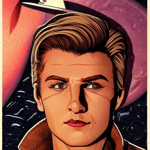 Image similar to character concept art of heroic square - jawed emotionless serious blonde handsome butch princely woman aviator, with very short butch slicked - back hair, wearing brown leather jacket, standing in front of small spacecraft, alien 1 9 7 9, illustration, science fiction, retrofuture, highly detailed, colorful, realistic, graphic, ron cobb, mike mignogna