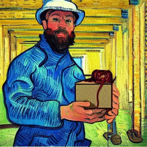 Image similar to oil painting of a man with construction hat holding a package in warehouse in the style of vincent van gogh