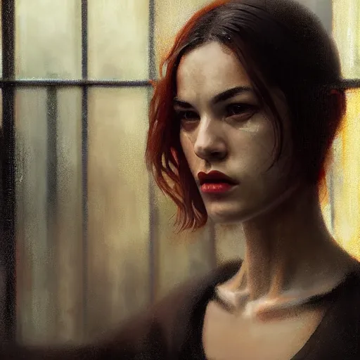 Image similar to detailed face of a woman, moment, cyberpunk cloisters, displays, tech noir, wet reflections, atmospheric, ambient, speed painting, livia prima, greg rutkowski, edward hopper