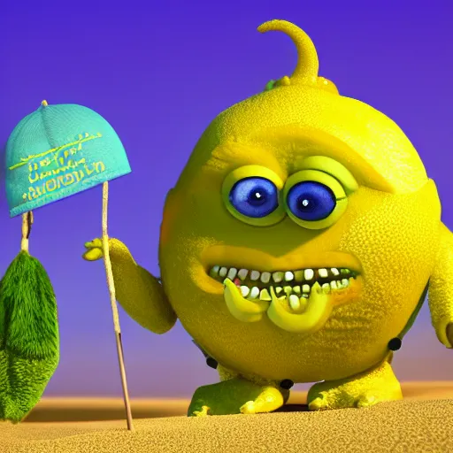 Image similar to 3 d render, of anthropomorphic lemon character looks like a monster from the movie وmonsters inc, with lemon skin texture, he is wearing a hat, building a sandcastle on the beach at sunset, beach, huge waves, sun, clouds, long violet and green trees, rim light, cinematic photography, professional, sand, sandcastle, volumetric lightening