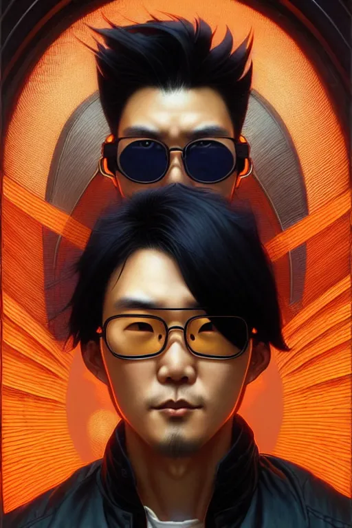Image similar to a japanese man with short black hair, broad shoulders, thick round spectacles, wearing a bright orange bomber jacket, seductive cyberpunk dark fantasy, art by artgerm and karol bak and moebius and alphonse mucha and greg rutkowski, hyperdetailed, ultrarealistic, octane render
