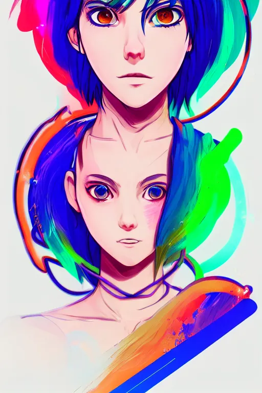 Image similar to a award winning portrait of a beautiful woman with stunning eyes in a one off shoulder croptop and cargo pants with rainbow colored hair, outlined by whirling illuminated neon lines and fine lines swirling in circles by makoto shinkai, digital art, trending on artstation