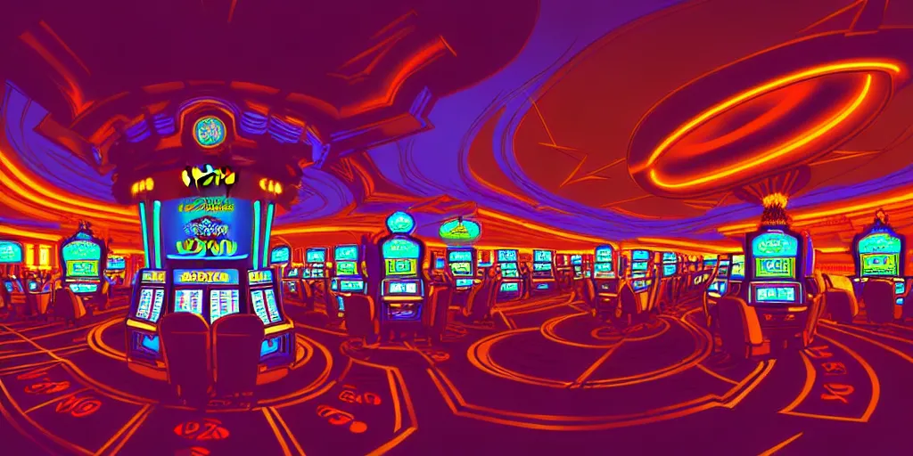 Image similar to extreme wide angle curly perspective digital art of indoor casino with a stage pale colors by anton fadeev from nightmare before christmas