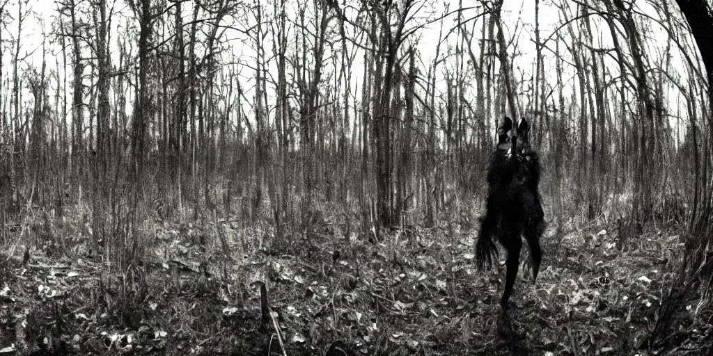 Prompt: A gopro shot of a spooky werewolf with long hair in the swamp at night, horror movie, found footage, cryptid