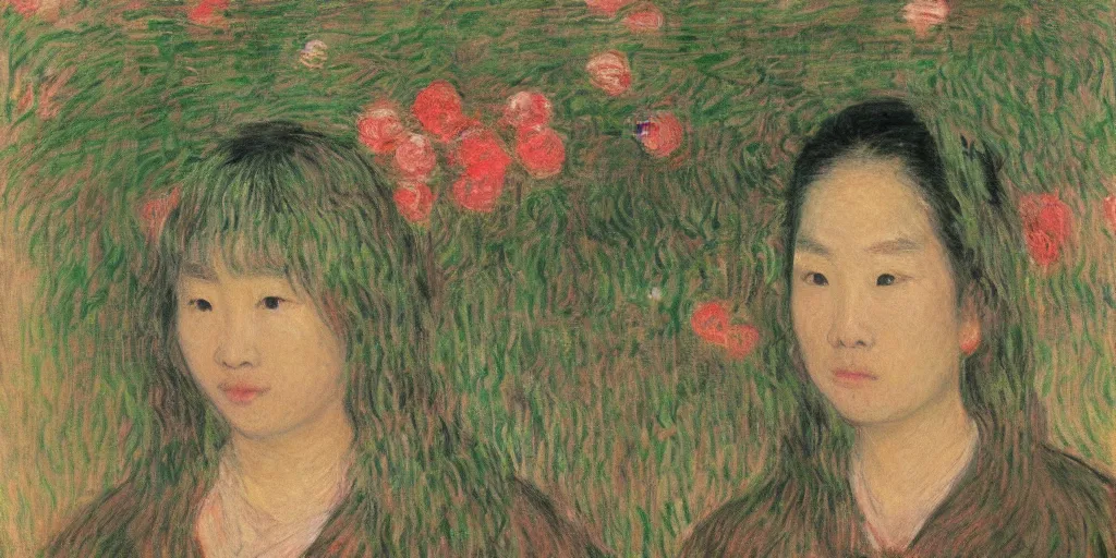 Image similar to A portrait of WANG2MU by Monet, in the Monet style.