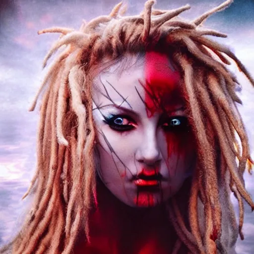 Image similar to a flawless female beauty with blonde and red dreadlocks inspired by luis royo, dark dramatic lighting photography