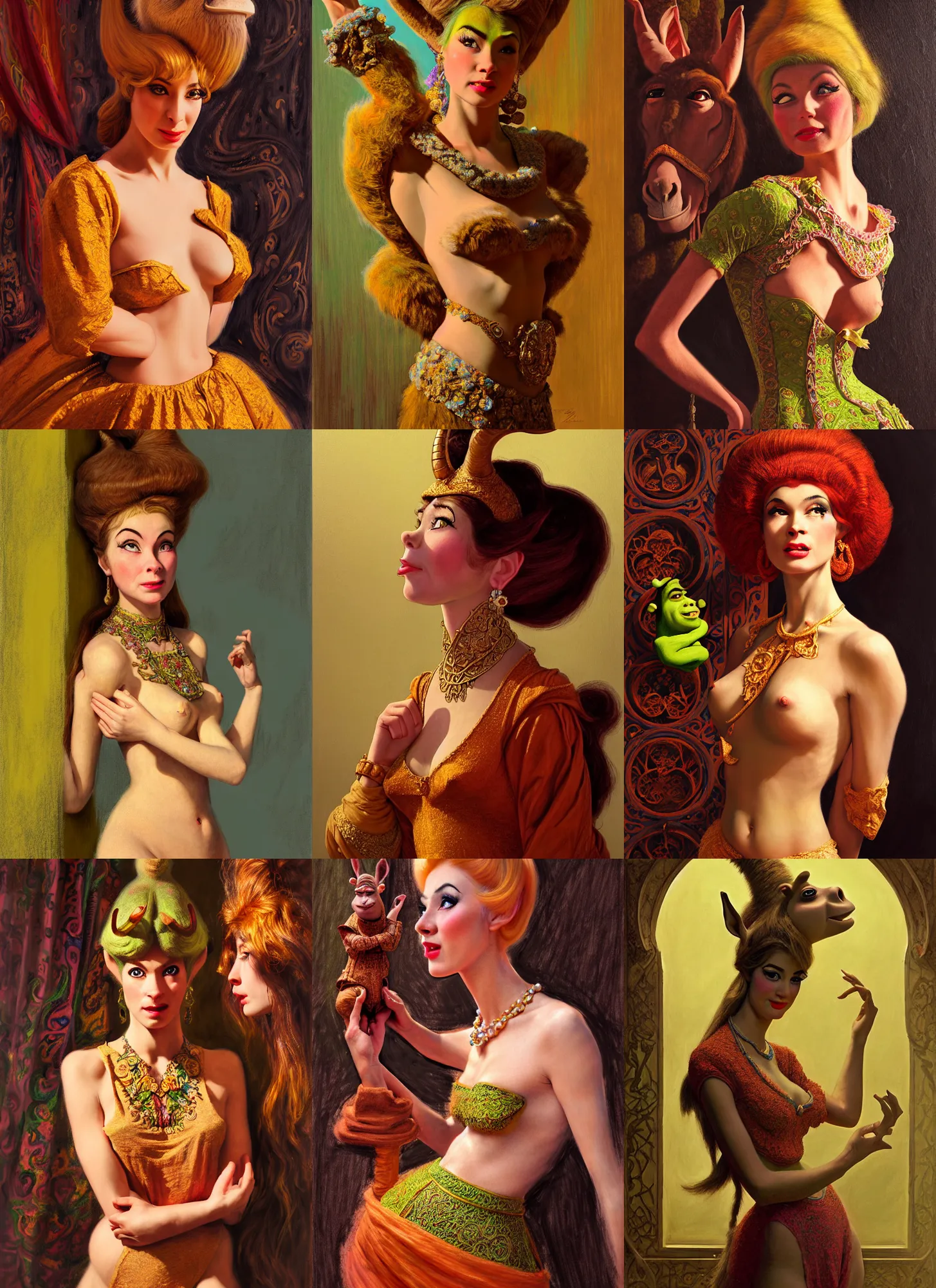 Prompt: 1960s Neo Rococo Expressionist, 1960s orientalism, diffuse lighting, fantasy, intricate, elegant, highly detailed, lifelike, photorealistic, digital painting, artstation, illustration, concept art, smooth, sharp focus, Shrek and Donkey, art by John Collier and Albert Aublet and Krenz Cushart and Artem Demura and Alphonse Mucha