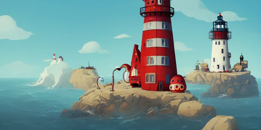 Prompt: cute cartoon monster building a lighthouse by Goro Fujita and Simon Stalenhag , 8k, trending on artstation, hyper detailed, cinematic