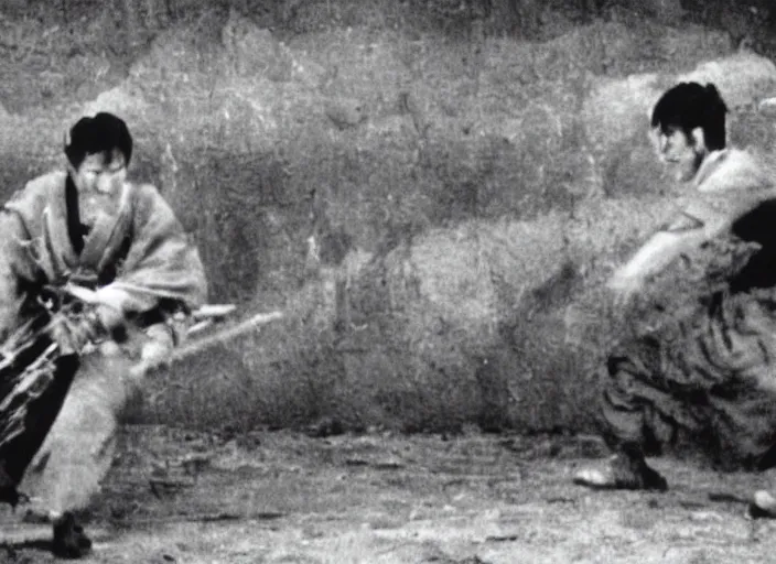 Image similar to a movie still of a samurai slicing through a loaf of bread, a movie by Akira Kurosawa