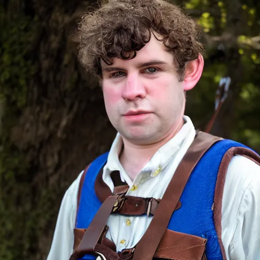 Image similar to close up headshot of a frowning clean shaven pudgy British lad with short curly dark brown hair as a hobbit wearing a white men's crossbody sling chest bag and blue vest, blue vest!! white crossbody chestbag!! high resolution film still, painting by William Blake