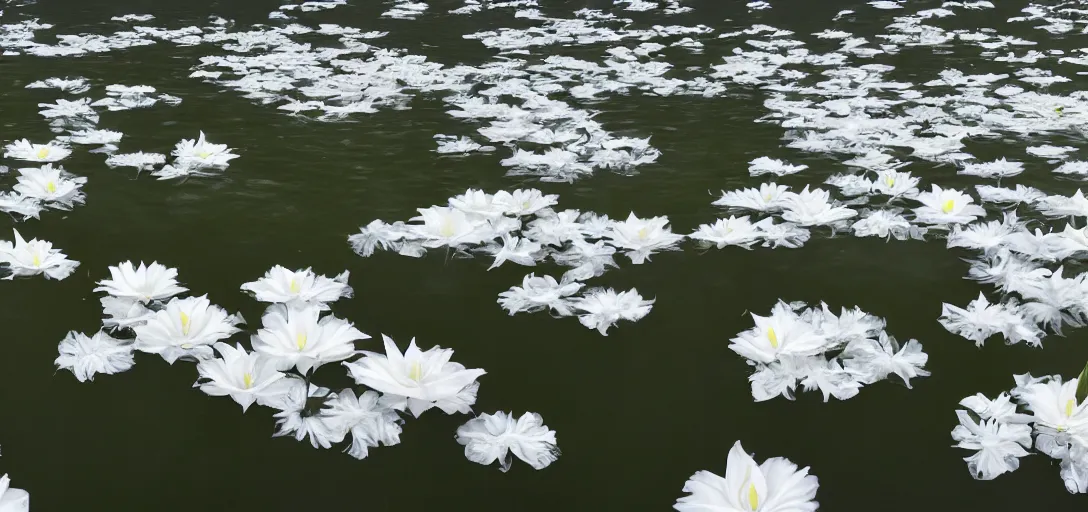 Image similar to lilys floating on a lake, panoramic, concept art, high detail, lake, white flower lily, white petals, gentle, peaceful, beautiful,