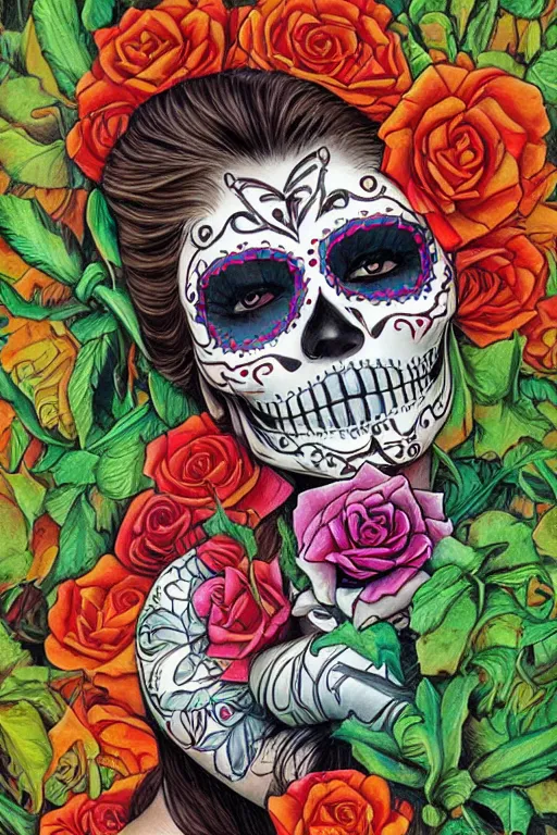 Prompt: Illustration of a sugar skull day of the dead girl, art by michael whelan