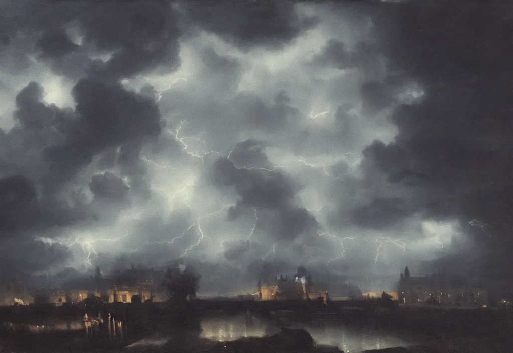 Image similar to medium shot, low-angle, painting multiple ghostly riders in the sky, dark clouds, rain, lightning, night, beautiful, dark academia aesthetic, magic vibes, soft lighting, by Vermeer, by Rutkowsky, by Perov, by Aiwazovsky, oil on canvas, Royal Academy, masterpiece, trending on artstation, cinematic composition, dramatic pose, beautiful lighting, sharp, details, hyper-detailed, HD