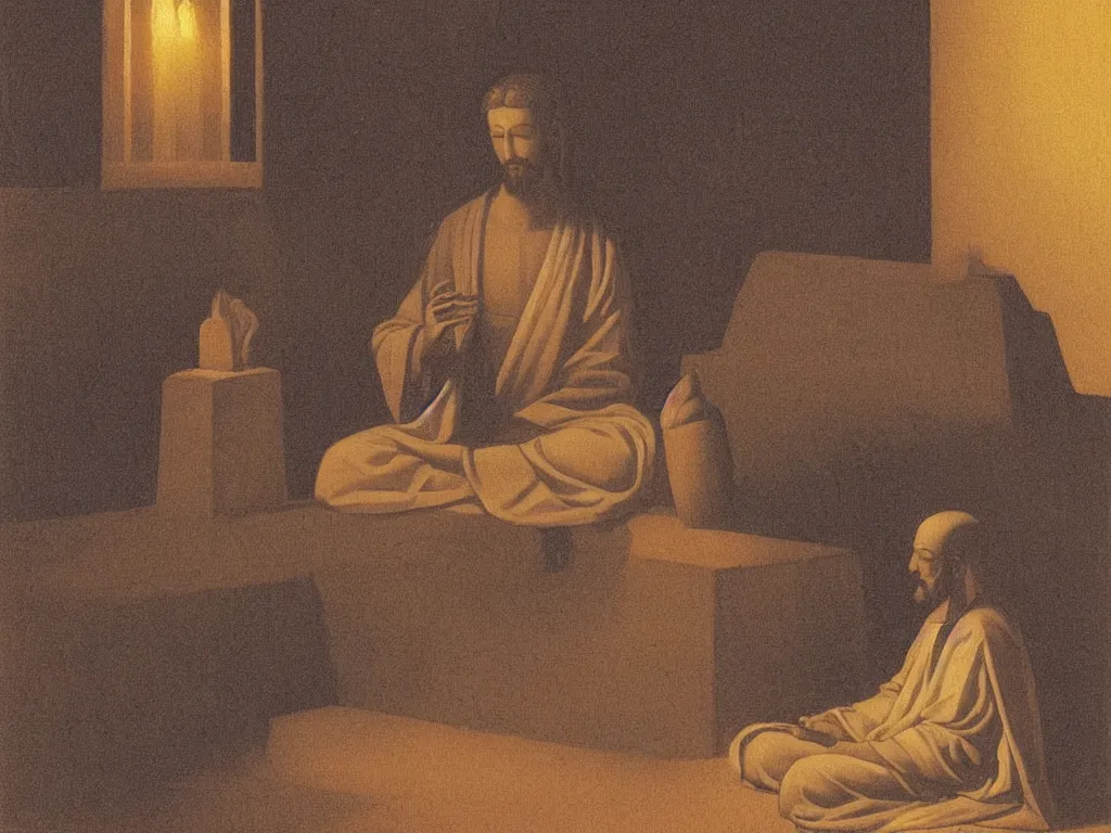 Image similar to Jesus sitting on the ground in a Zen temple. Candle light, small statue with the Buddha. Painting by Georges de la Tour.