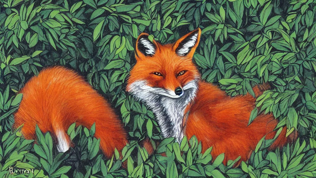 Prompt: a fox in the bushes rayonism artwork