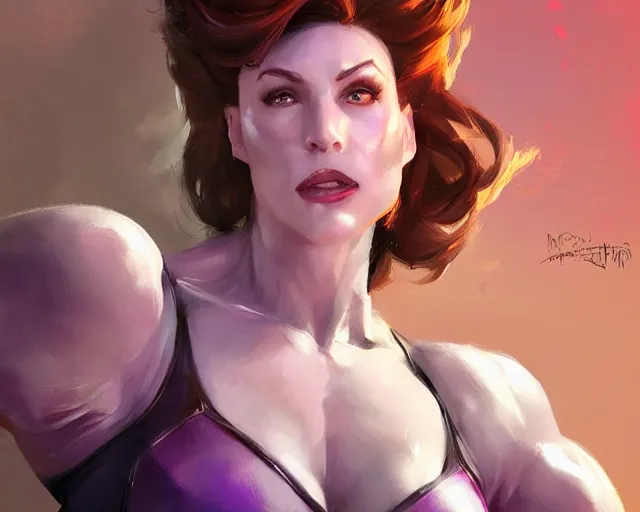 Image similar to portrait of moira from overwatch as a beautiful female bodybuilder amazon with plump lips, elegant, fantasy, hd shot, digital portrait, beautiful, artstation, comic style, by artgerm, guy denning, jakub rozalski, magali villeneuve and charlie bowater