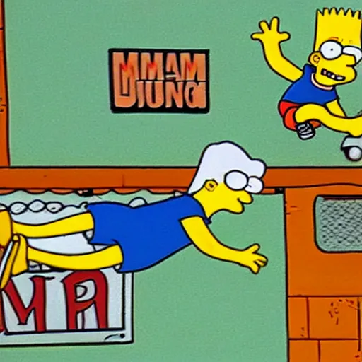 Prompt: bart simpson jumping over homer on his skateboard in the style of bill plympton 4 k