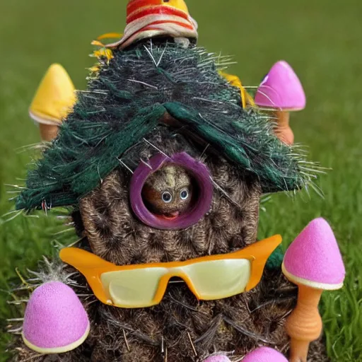 Prompt: a porcupine made out of cotton wearing sunglasses, fairy houses, mystical background