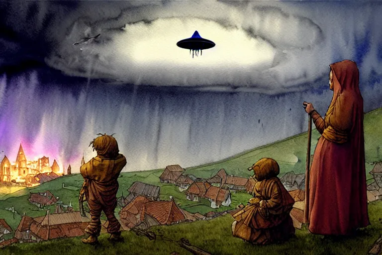 Prompt: a hyperrealist watercolor concept art of a scary ufo in the sky above a small medieval town during a thunderstorm. a dirty medieval peasant child is in the foreground. very muted colors, by rebecca guay, michael kaluta, charles vess. high detail, hq, wide shot, 4 k