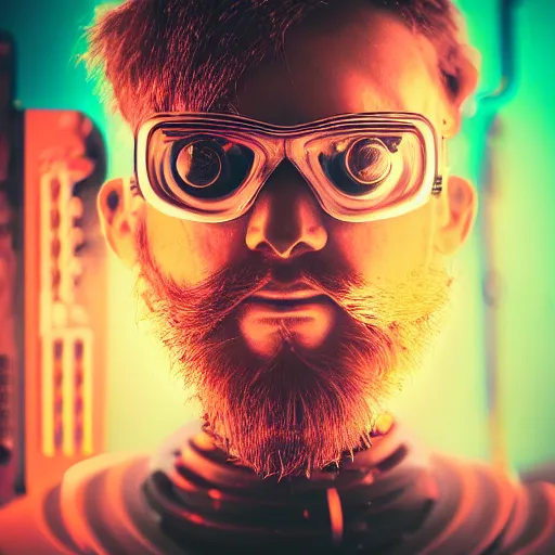 Image similar to Beautiful Photo of Arduino Uno in the robot's head. beard man. Cyberpunk. splatterpunk. 4K