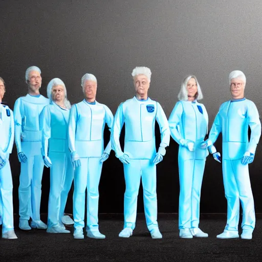 Image similar to troop of identical athletic humans with white hair wearing tight light blue latex suits, in formation, futuristic chemistry lab, sci - fi, highly detailed, hyperrealistic