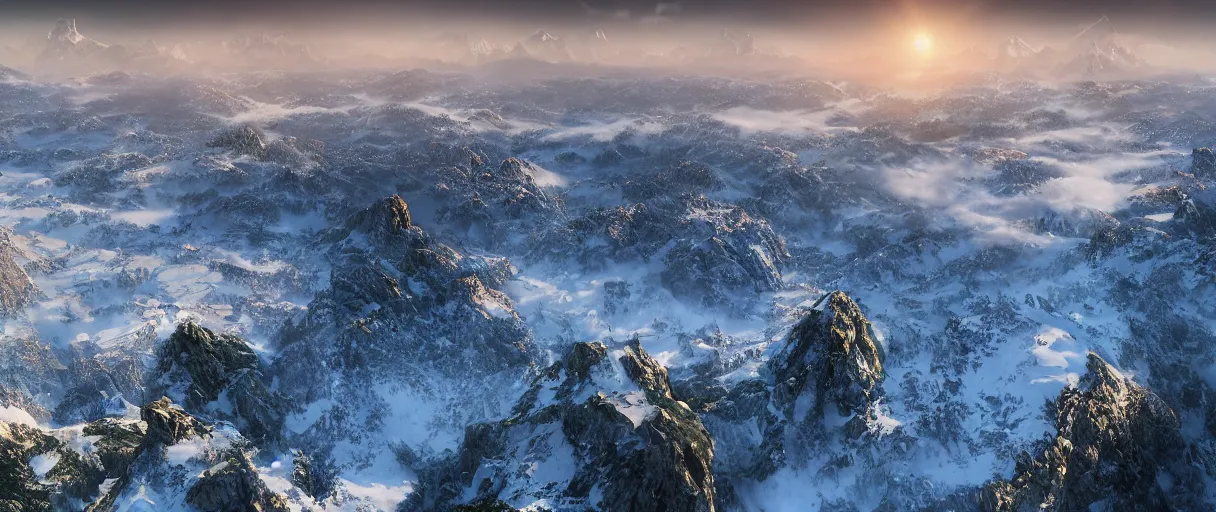 Image similar to a photorealistic breathtaking aerial view of the eastern snow covered alps mountain range at sunrise, cliffs, volumetric light, haze, fog, snow, hyperrealism, rock edge, highly detailed, intricate, cinematic, front facing camera, cinematic, epic lighting, 8 k by frederic church, albert bierstadt