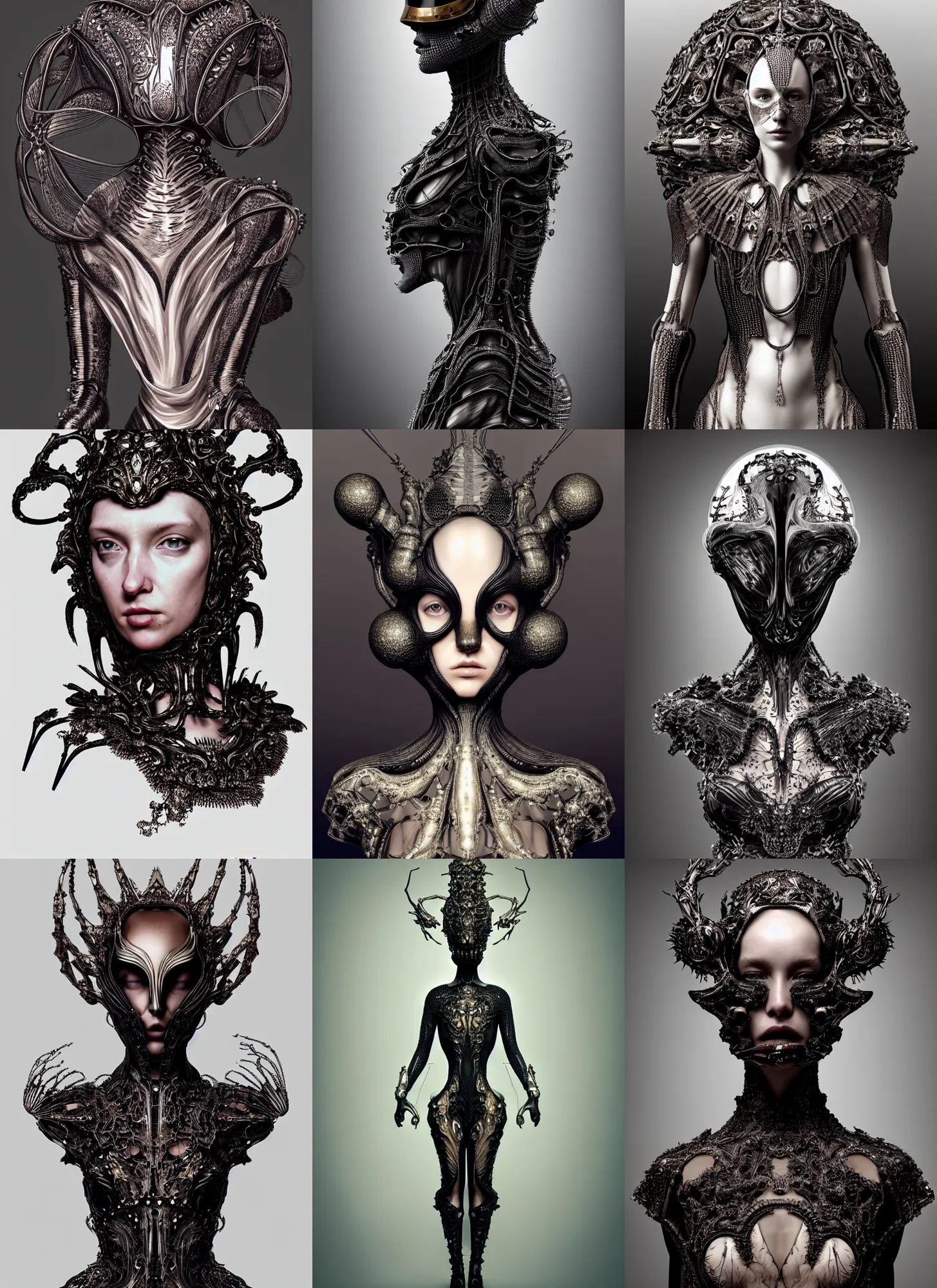 Prompt: historical baroque dress dark, iris van herpen, perfect symmetrical body, helmet on face, full body shot, masterpiece, intricate, biopunk, vogue, highly detailed, artstation, concept art