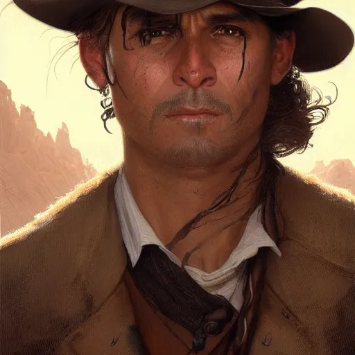 Prompt: clean shaven, tan, middle - aged christian priest with dark hair in wild west, gorgeous, beautiful, intricate, highly detailed, digital painting, artstation, oppressive lighting, concept art, sharp focus, illustration, art by greg rutkowski and alphonse mucha