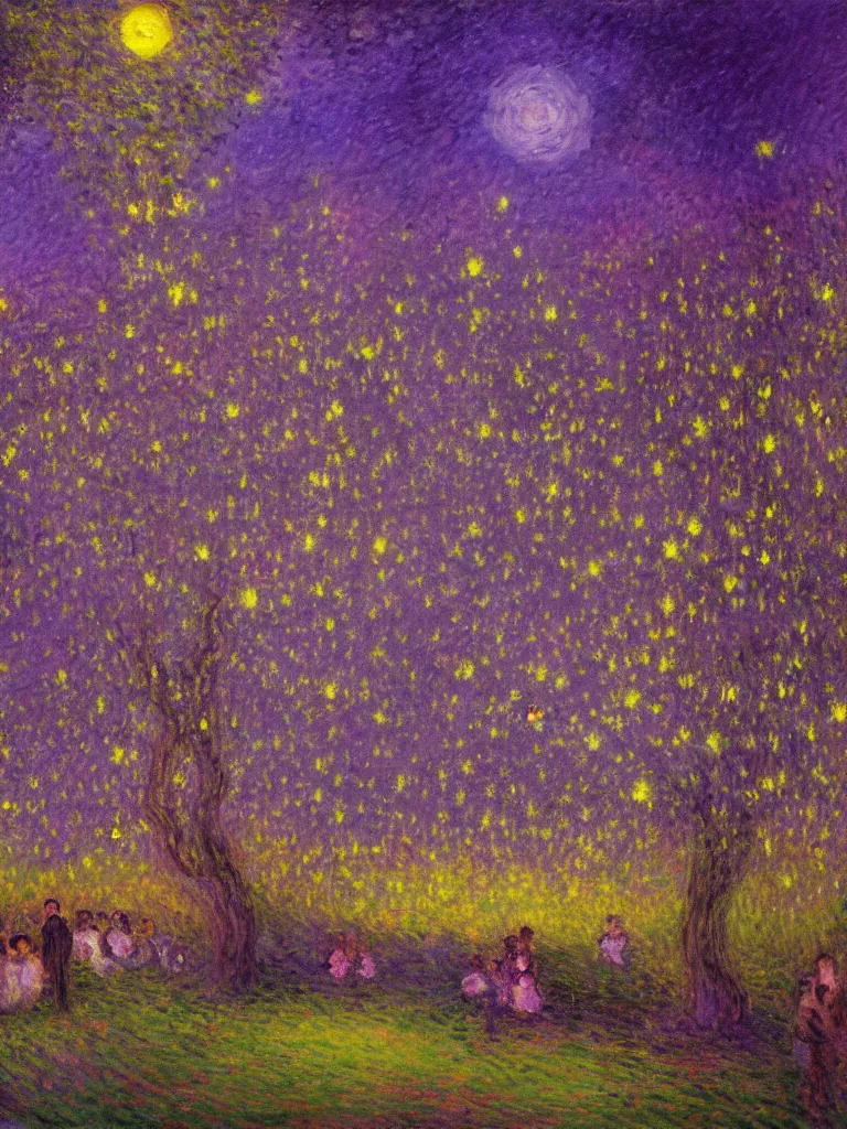 Prompt: gauzy twilight impressionist painting of fireflies in my backyard with an old apple tree in a purple cast with people! dancing in the moonlight, moon in right of sky, very urban, intense purplish color oil painting by claude monet and piet mondrian, cosmic trending on artstation 8 k