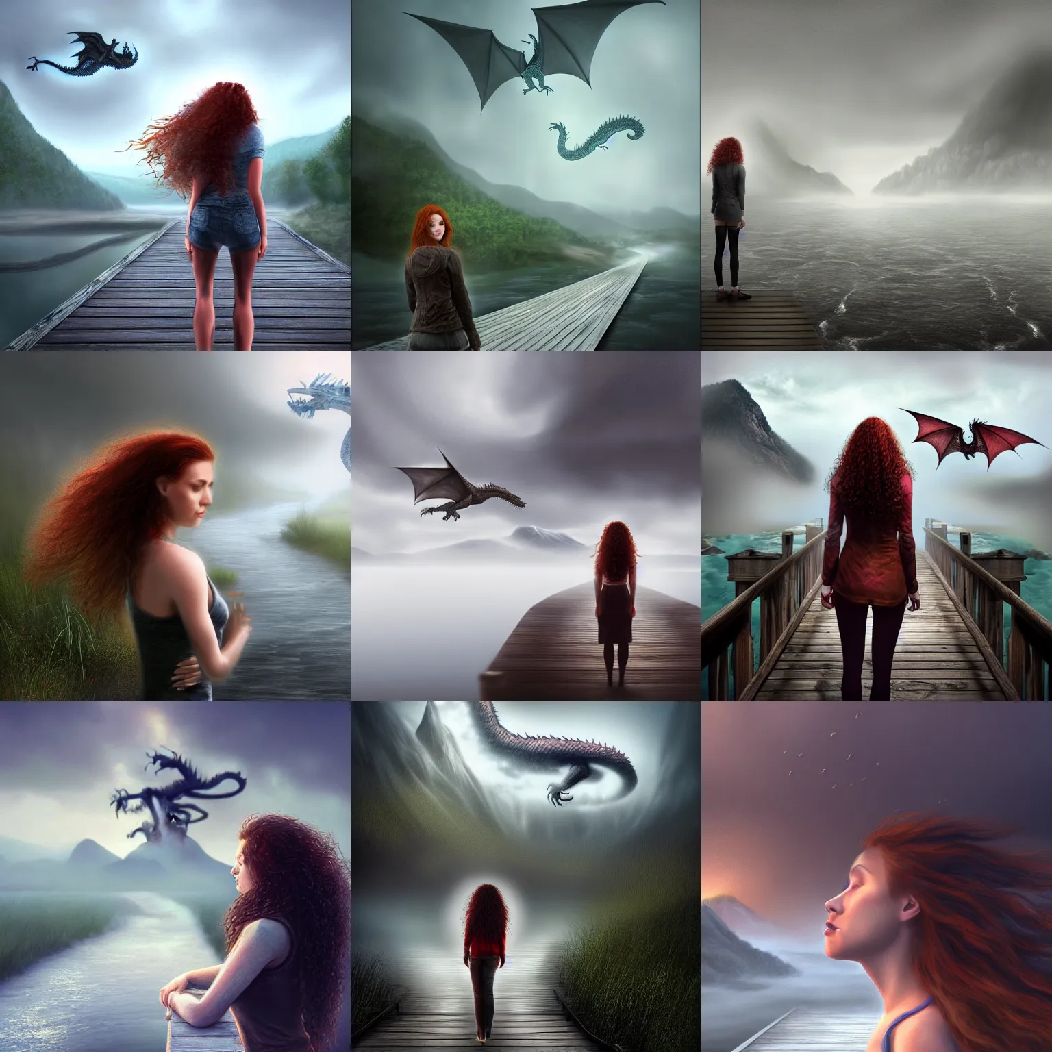 Prompt: a realistic digital painting of a woman with curly long redhair standing in a boardwalk on top of a river looking at a dragon flying out of the mountains in a fog during a thunderous weather. Trending on ArtStation. Epic Art. Emotional