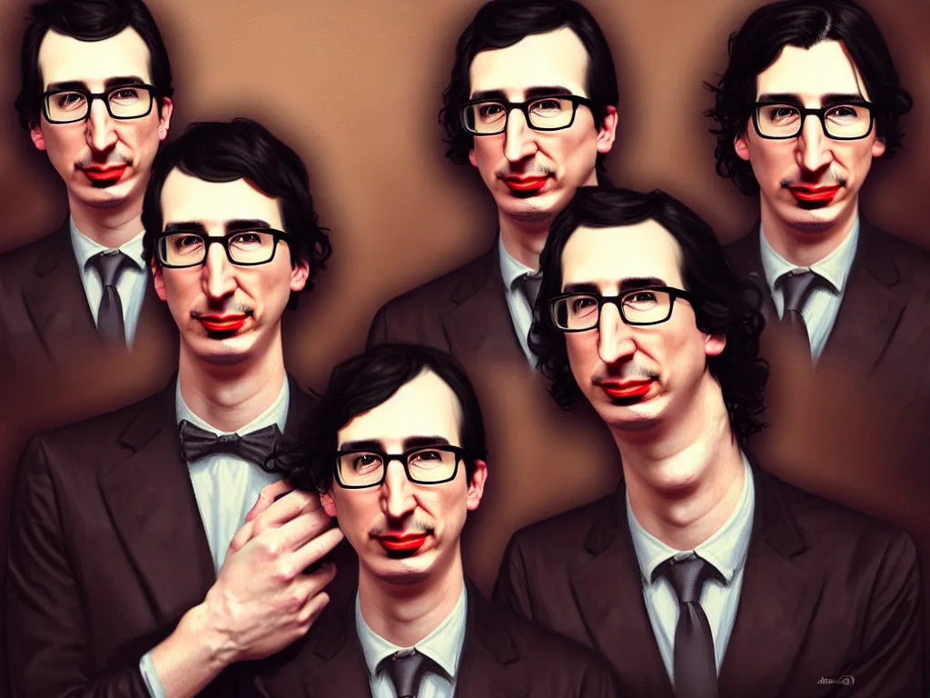 Image similar to photo booth, painting of both john oliver and adam driver together, john oliver in front, full body, elegant, beautiful, highly detailed, centered, dark, smokey, digital painting, concept art, smooth, sharp focus, illustration, deviant art, art by artgerm, art by greg rutkowski, art by alphonse mucha