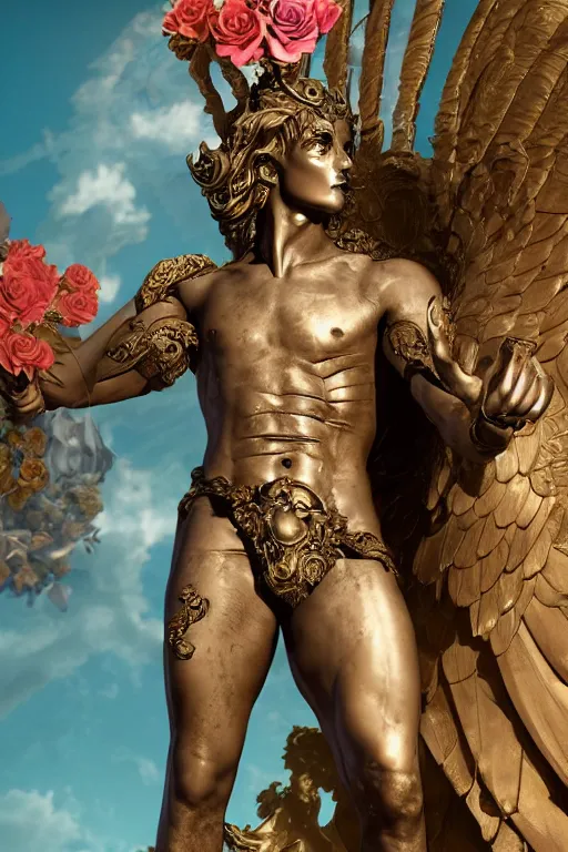 Image similar to a young handsome Latino prince in a full-body bronze cyberpunk style statue of Icarus with glowing blue eyes, crown of peach roses, flowing teal-colored silk, fabric, flowers. baroque elements, human skull. full-length view. baroque element. intricate artwork by caravaggio. many many birds birds on background. Trending on artstation, octane render, cinematic lighting from the right, hyper realism, octane render, 8k, depth of field, 3D