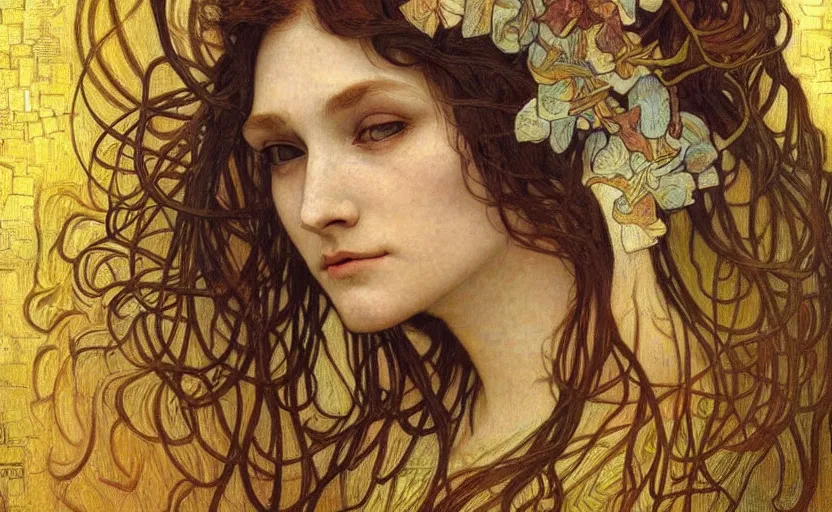 Image similar to detailed realistic beautiful young medieval queen face portrait by jean delville, alphonse mucha, vincent van gogh, and marco mazzoni, art nouveau, symbolist, visionary, gothic, pre - raphaelite