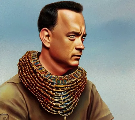 Image similar to Tom hanks as forrest gump wearing a necklace made out of shrimps around the neck, realistic face, digital art, in the style of Raphael Lacoste, amazing detail, artstation, long shot