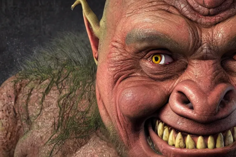 Image similar to realistic portrait photo of a happy orc. high resolution color photo, times magazine 2 0 2 1