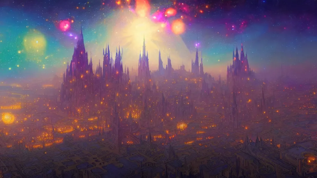 Image similar to a beautiful highly detailed matte painting of colorful castle nebulas by moebius, alphonse mucha, stars in the background, highly detailed, intricate design, cinematic view, 8 k resolution, octane render, trending on artstation and cgsociety