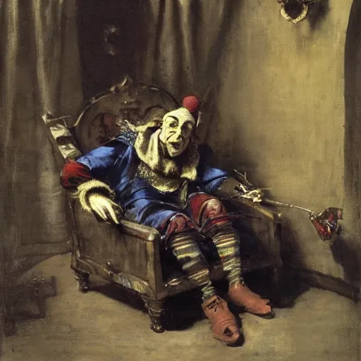 Prompt: a jester slumped over in an armchair, dark lighting, oil painting, by jan matejko