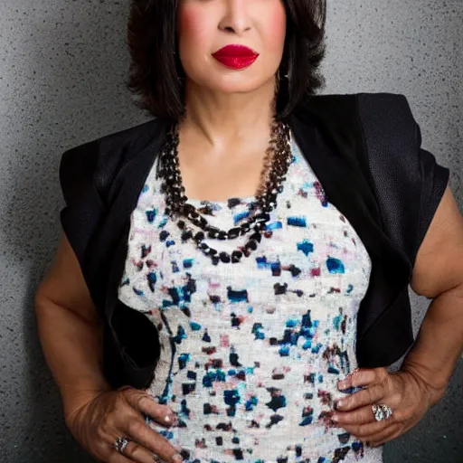 Image similar to dslr fashion!! photo portrait still of 5 1 year old age 5 1 selena quintanilla at age 5 1!!!, 8 5 mm f 1. 8, studio lighting, vogue