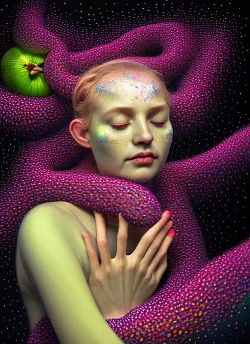 Image similar to hyper detailed 3d render like a Oil painting - Aurora (Singer) Eats of the Strangling Fruit of penance open eyes and Her Hands full of gossamer polyp blossoms bring iridescent fungal flowers whose spores black the foolish stars by Jacek Yerka, Mariusz Lewandowski, Houdini algorithmic generative render, Abstract brush strokes, Masterpiece, Edward Hopper and James Gilleard, Zdzislaw Beksinski, Mark Ryden, Wolfgang Lettl, hints of Yayoi Kasuma, octane render, 8k